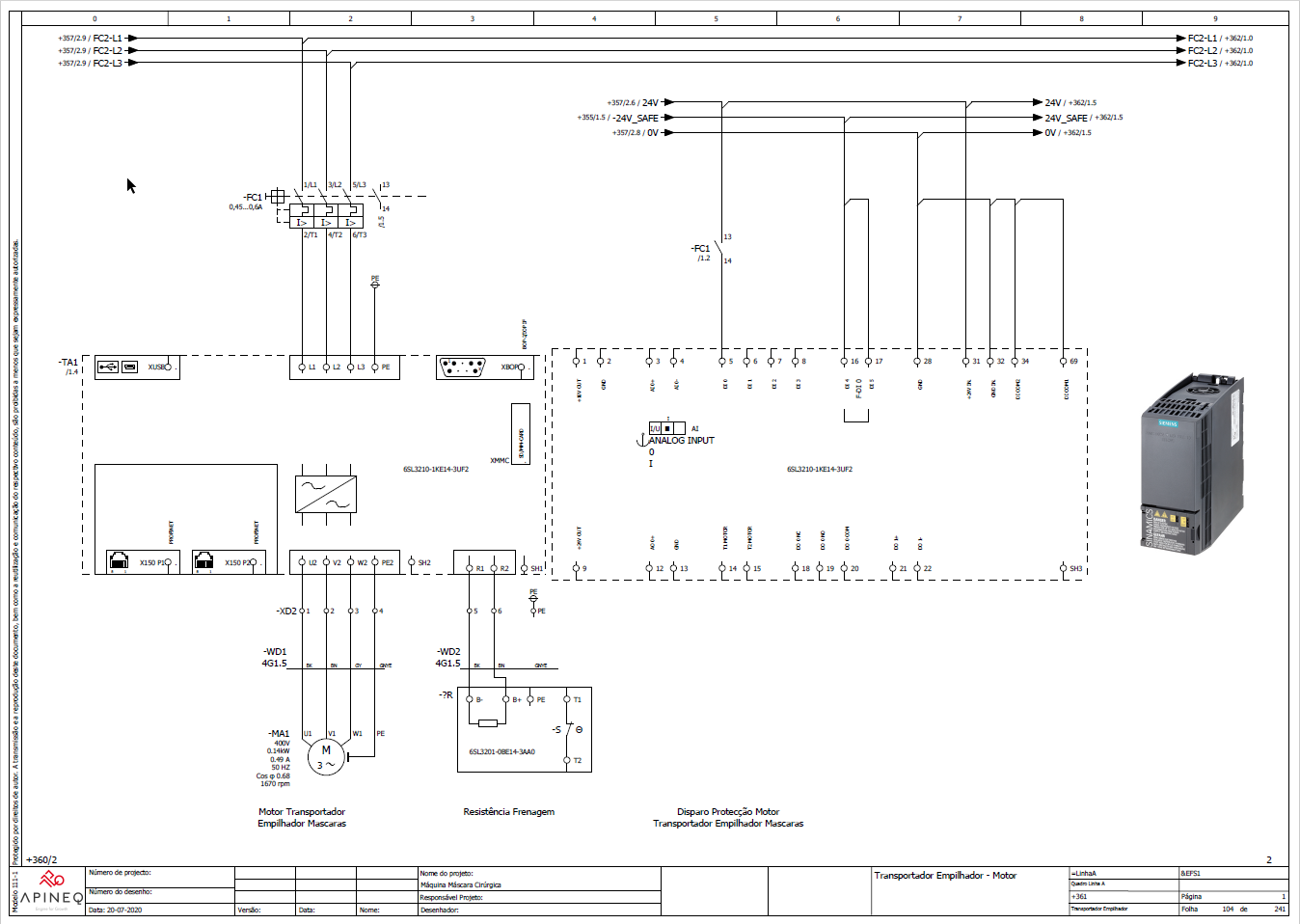 Esquema elétrico EPLAN de projeto APINEQ, arranque de motor com variador Siemens SINAMICS